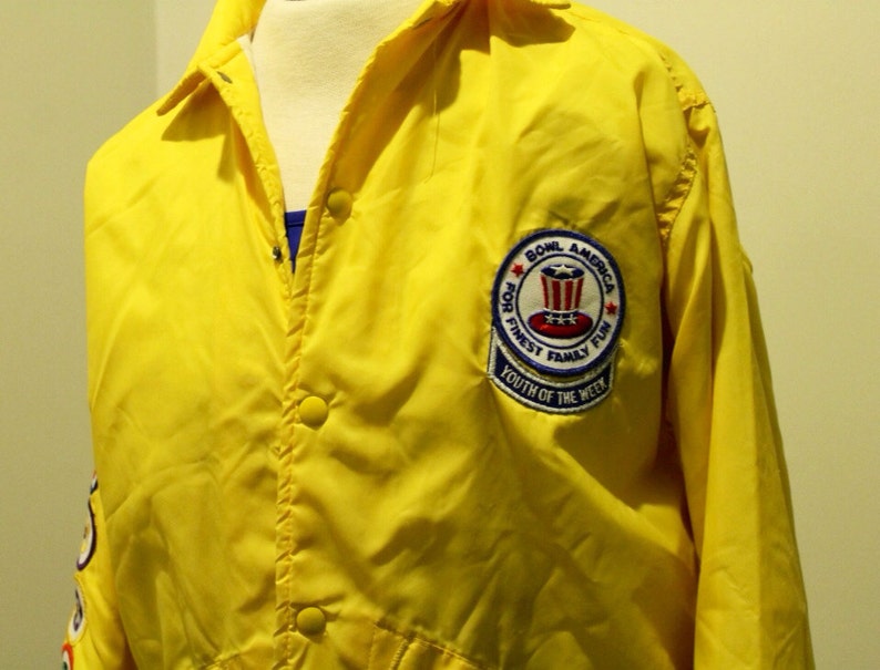 70s 80s 90s bright yellow bowling jacket coat blazer