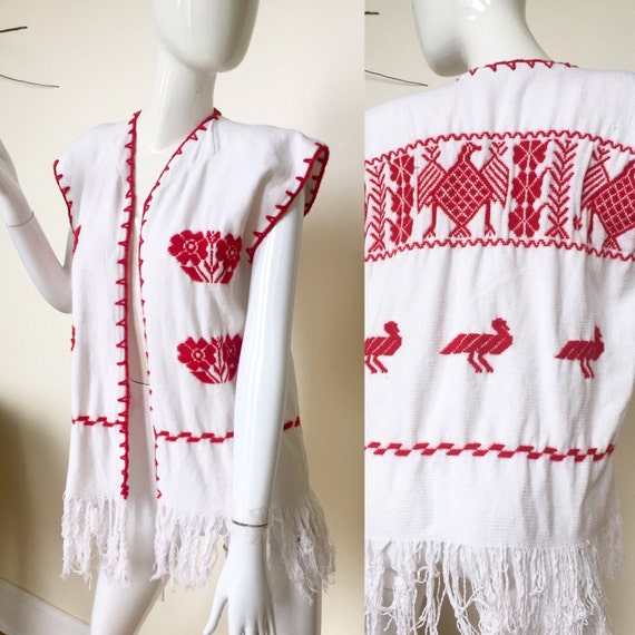 Red and white embroidered floral fringe 60s 70s 80