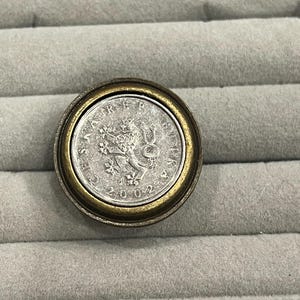 Puede incluir: Una moneda de plata con un diseño de un león y un árbol, rodeada por un anillo de color dorado. La moneda dice "2002" y "REPUBLIKA SLOVENSKA".