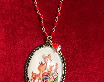 Christmas Reindeer Dome Necklace
