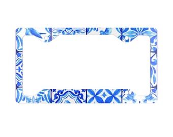 Luxury European azulejo blue santorini tile Metal License Plate Frame Portuguese