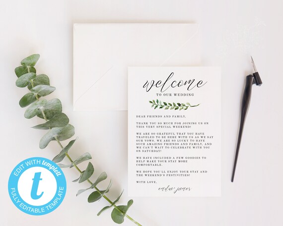 Margot Modern Greenery Wedding Welcome Letter Template Etsy