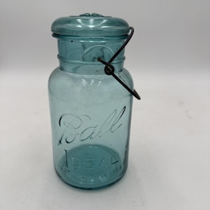Tarro de conservas vintage Ball Ideal azul azabache con tapa de vidrio, estilo antiguo de 1906, 1 cuarto de galón