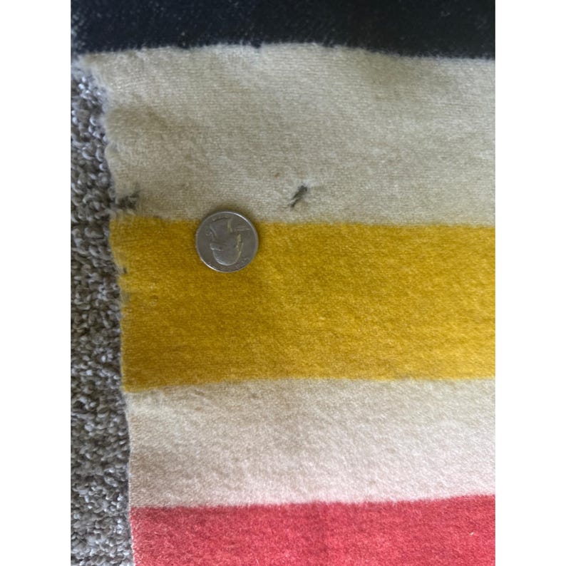 Może przedstawiać: Zbliżenie na pasiasty materiał z czarnymi, kremowymi, ż&oacute;łtymi i czerwonymi pasami. Srebrna moneta spoczywa na ż&oacute;łtym pasie. Tkanina wydaje się być wełną lub podobnym materiałem, o lekko rozmytym wyglądzie.