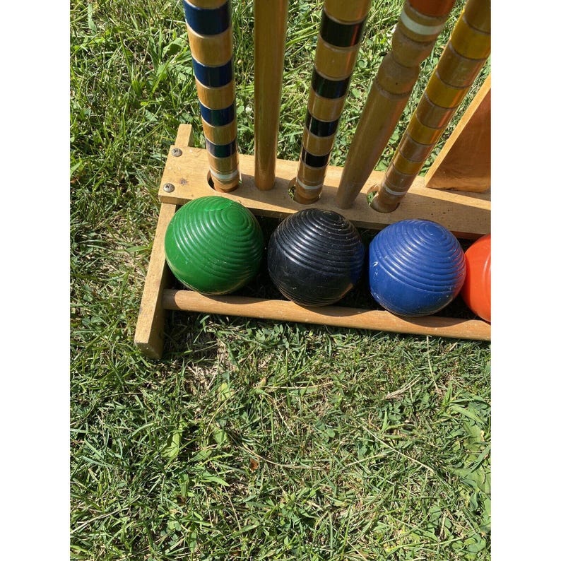 Vintage Sportcraft Croquet Wooden Stand Wood Stakes 8 Wickets Balls MCM ...