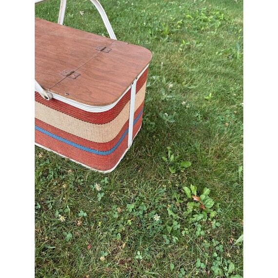 Vintage Woven Picnic Basket Wood Lid White Handles Red Blue Beige Stripes View 2