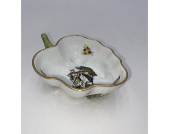 ヘレンド・ロスチャイルド作 野鳥と蝶の葉の皿 - グリーンハンドルの