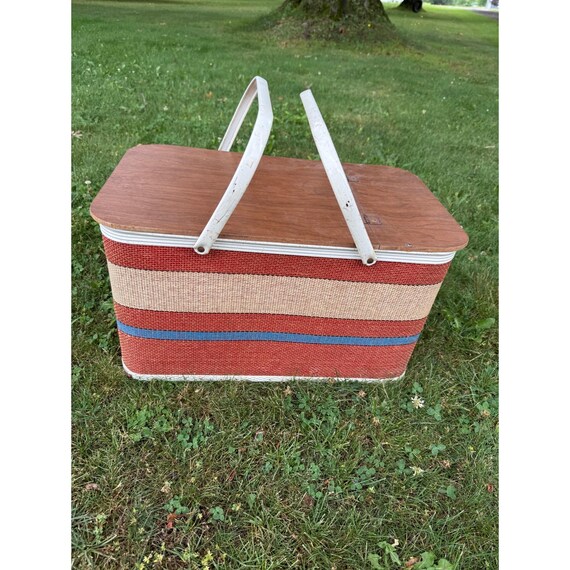Vintage Woven Picnic Basket Wood Lid White Handles Red Blue Beige Stripes