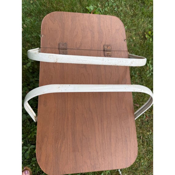 Vintage Woven Picnic Basket Wood Lid White Handles Red Blue Beige Stripes View 3