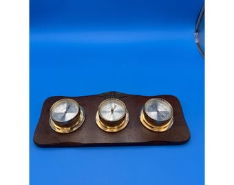 Vintage Weather Station Thermometer Barometer Hygrometer Wood MCM