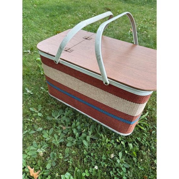 Vintage Woven Picnic Basket Wood Lid White Handles Red Blue Beige Stripes View 5