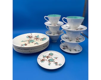 Vintage Melmac Beverly Blommig Tekoppar Fat Tallrikar Vit Blå Blommor Set 19