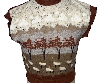 Sweter-kamizelka z owczej wełny w stylu vintage, rozmiar L, brązowe drzewa, Grannycore, Grandma Cottagecore