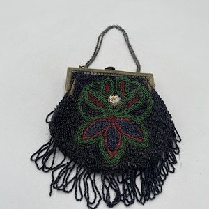 Antique 1920s Black Beaded Flapper Bag Art Deco Purse Metal Frame Chain Fringe
