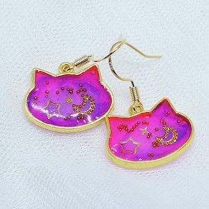 Pink and Purple Celestial Gold Cat Earrings
