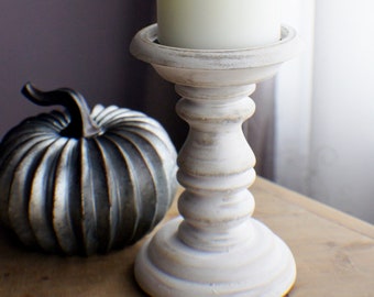 Bougeoir blanc, support à bougie, socle style vintage, finition vieillie, présentoir pour bougies piliers, porte-bougie, présentoir pour plantes