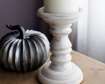 White Candleholder, Candle Stand, Vintage look Pedestal Plate , Distressed finish, Pillar candle display, Candleholder, Display for greenery