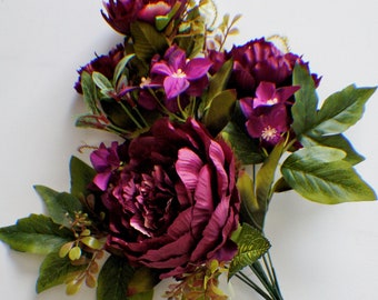 Bordauex peony bunch, Silk Artificial Flowers, DIY wedding flowers, Floral stems, Flower Bunch, Home Accents, Wreath Making Bouquet