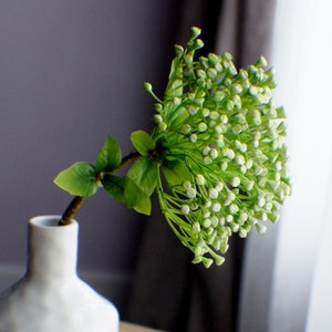 Op de afbeelding: Een witte keramische vaas met het woord "BLOOM" erop, met een boeket kleine witte bloemen met groene stelen en bladeren.