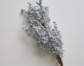 May include: A silver berry spray with a brown stem. The berries are clustered together in a dense, bushy shape.