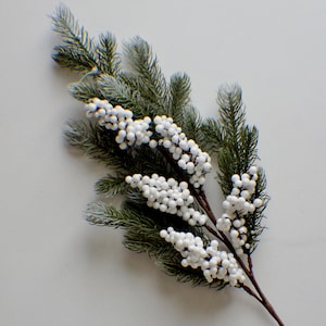 White Berries and Pine Stem, Winter Branch, Vase Filler, Christmas Greenery, Winter Greenery Holiday Home Decor Artificial Holly Berry