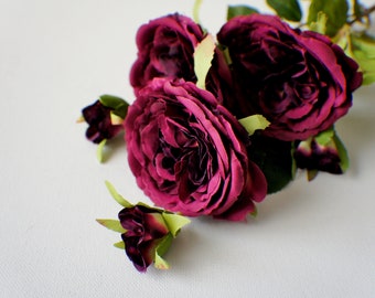 Burgundy Rose stem, Dark Red Rose spray, Artificial Flowers DIY wedding flowers Floral stems, Center Piece, Wedding Flowers