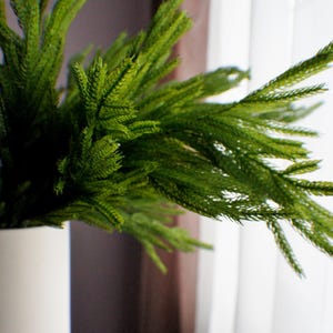May include: A green artificial plant with long, thin leaves in a white vase. The plant is in front of a window with white curtains.