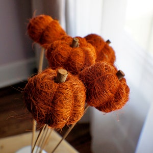 May include: A display of orange, pumpkin-shaped decorations crafted from woven material. Each pumpkin features a small, wooden stem and is attached to a thin, brown stick. The pumpkins are arranged in a white vase, ideal for autumn decor.