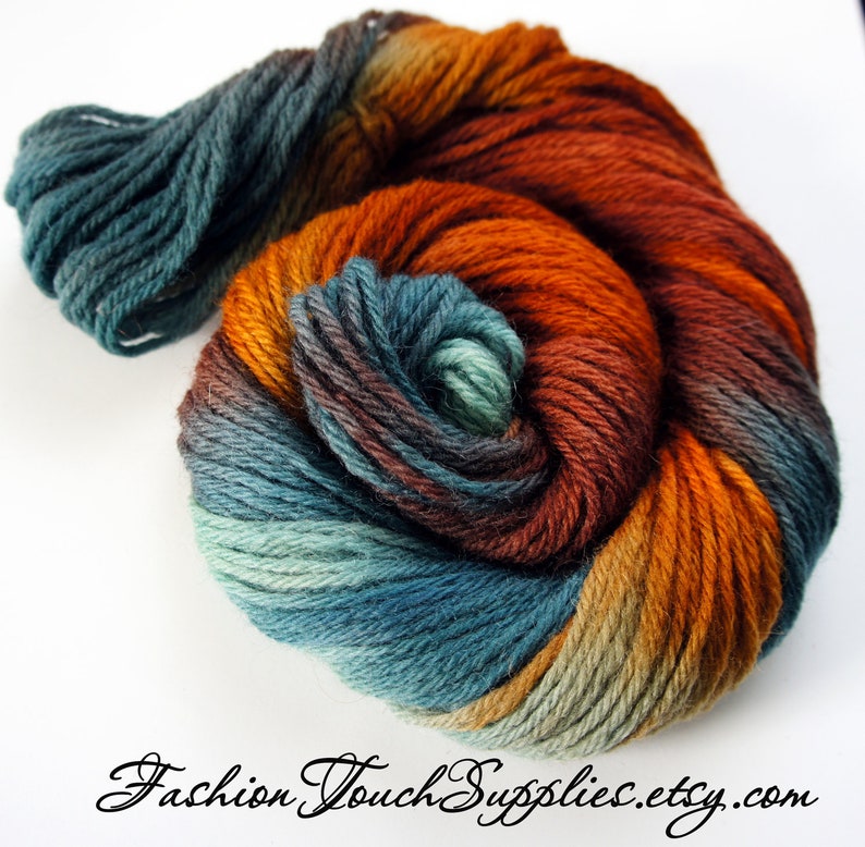 Autumn, Hand Painted Yarn in Shades of Teal, Orange and Brown image 2