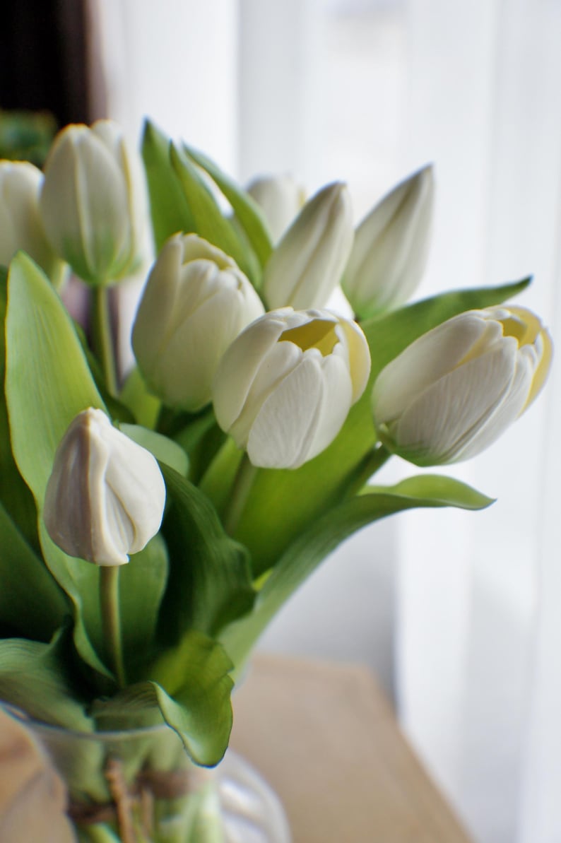 May include: A bunch of white tulips with green leaves in a clear glass vase. The tulip petals are a creamy white with a touch of yellow in the centre. The leaves are a vibrant green, creating a fresh and natural aesthetic.
