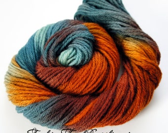 Autumn, Hand Painted Yarn in Shades of Teal, Orange and Brown