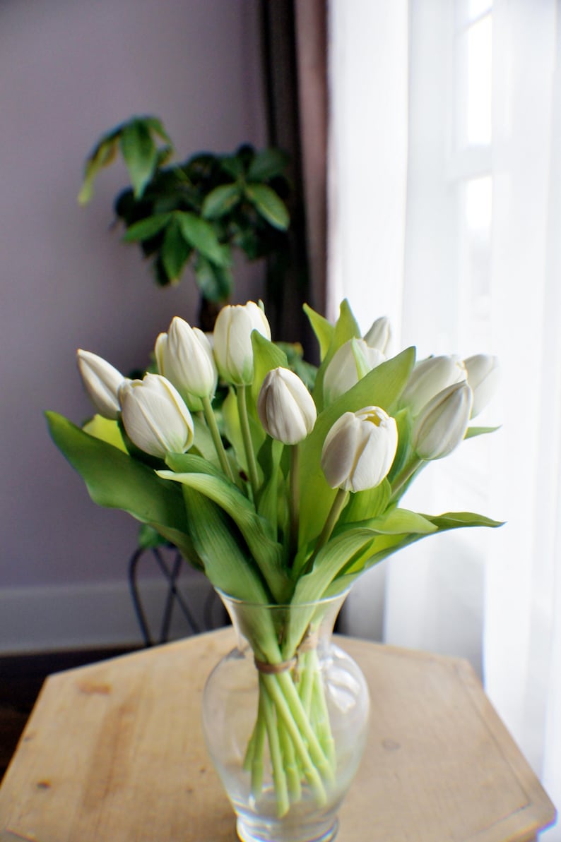 May include: A bunch of white tulips in a clear glass vase. The flowers have green stems and leaves, and are tied with twine. The vase is on a wooden table, with a plant and window in the background.