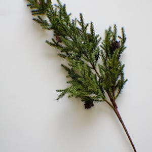 May include: A green artificial pine branch with small pinecones. The branch has a brown stem and is set against a white background. This decorative branch is suitable for holiday or seasonal decor.