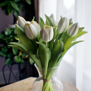May include: A bunch of white tulips in a clear glass vase. The flowers have creamy white petals and green leaves. The vase is tied with twine and sits on a wooden table, with a window in the background.
