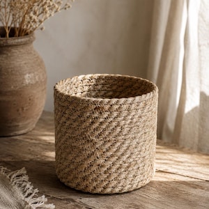 Jute Planter Basket, Natural Wicker Planter, Rustic Plant Basket, Boho Planter Cover, Nursery Mini Basket, Floral Container, Craft Supply