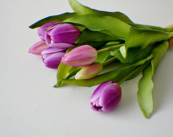 Real Touch Purple tulips, Bunch of 7 Silk Artificial Flowers, DIY wedding, wreath making, bouquet supplies, newborn flowers