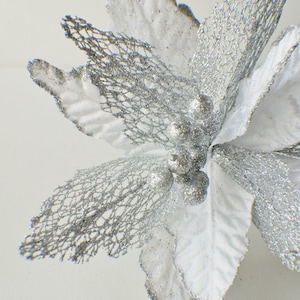 27" Large Velvet Artificial Christmas Poinsettia Flower Christmas Floral Stem Silver Traditional Christmas Holiday Decor Floral Supply
