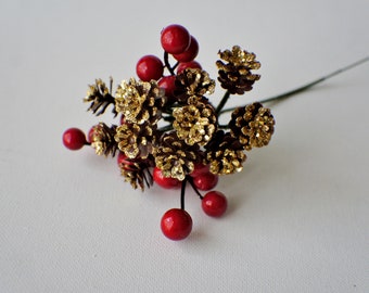 5" Glittered Berries and Pine Cone Pick, Berry Pick, Stem, Pick, Vase Filler Christmas Greenery Winter Greenery Holiday Home Decor