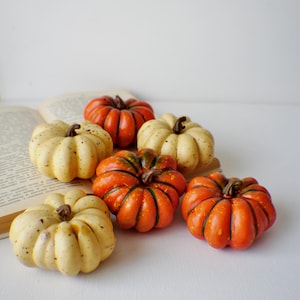 May include: Six decorative pumpkins in orange and cream hues. The pumpkins have textured surfaces and brown stems. They are arranged on a light surface, evoking a harvest or autumn theme. The pumpkins are approximately 10 cm in diameter.