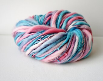 Handgesponnen Corriedale Art-garen: Petal Pink & Baby Blue, dik en dun garen