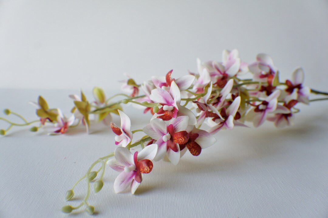 20 Artificial Spotted Orchid Stem in Spotted Burgundy and Green, Faux