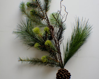 May include: A green pine sprig with brown branches and a brown pine cone.