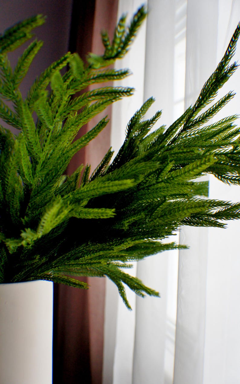 May include: A green artificial plant with long, thin leaves in a white vase. The plant is placed in front of a white sheer curtain.