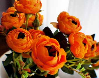 20" Orange Ranunculus Stem, Artificial Silk Flowers, Spring Wedding Flowers, Faux Rose Bouquet, Fake Ranunculus, Summer Weddings