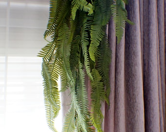 May include: A long strand of artificial green ferns hangs from a curtain, cascading down the side of the curtain.
