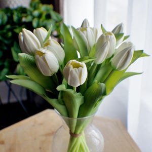 May include: A bunch of white tulips in a clear glass vase. The flowers have creamy white petals with a touch of yellow at the base, surrounded by bright green leaves. The vase is on a wooden surface, with a bright window in the background.