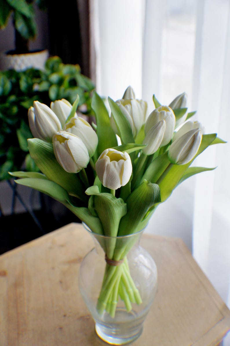 May include: A bunch of white tulips in a clear glass vase. The flowers have creamy white petals with a touch of yellow at the base, surrounded by bright green leaves. The vase is on a wooden surface, with a bright window in the background.