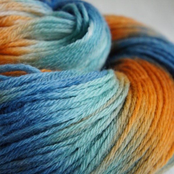 Hand Painted Yarn, Knitting Yarn, in Shades of Teal, Orange and Brown, Sunset, 200 yards