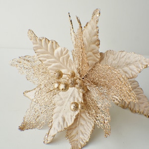 Pode incluir: Uma poinsétia com glitter dourado, folhas de veludo branco e contas douradas.