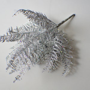 15" Silver Glittered Frosted Fern Bush Spray Artificial Firn Stem Christmas Greenery Winter Greenery Holiday Artificial Evergreen Lace Fern